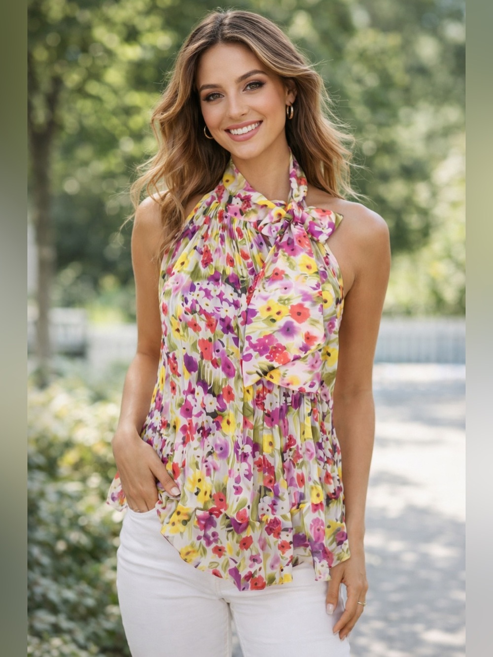 Floral Chiffon Halter Tie Neck Blouse Sz M Sleeveless Ruffle Hem Boho Spring